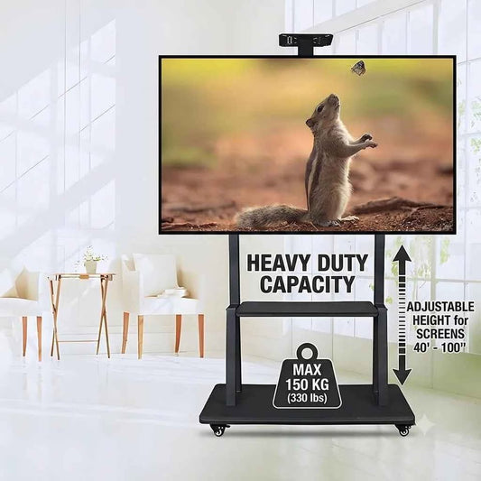 Heavy-Duty Mobile TV Stand Cart for 42" to 100" Screens – Rolling TV Mount with Wide Stability Base, Media Shelf & Camera Tray