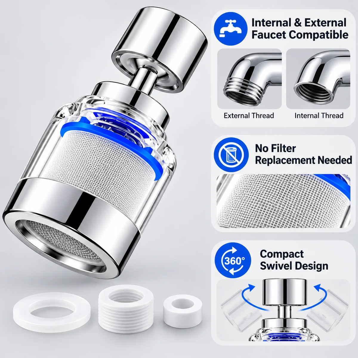 360° Swivel Faucet Water Filter Aerator – 316L Stainless Steel
