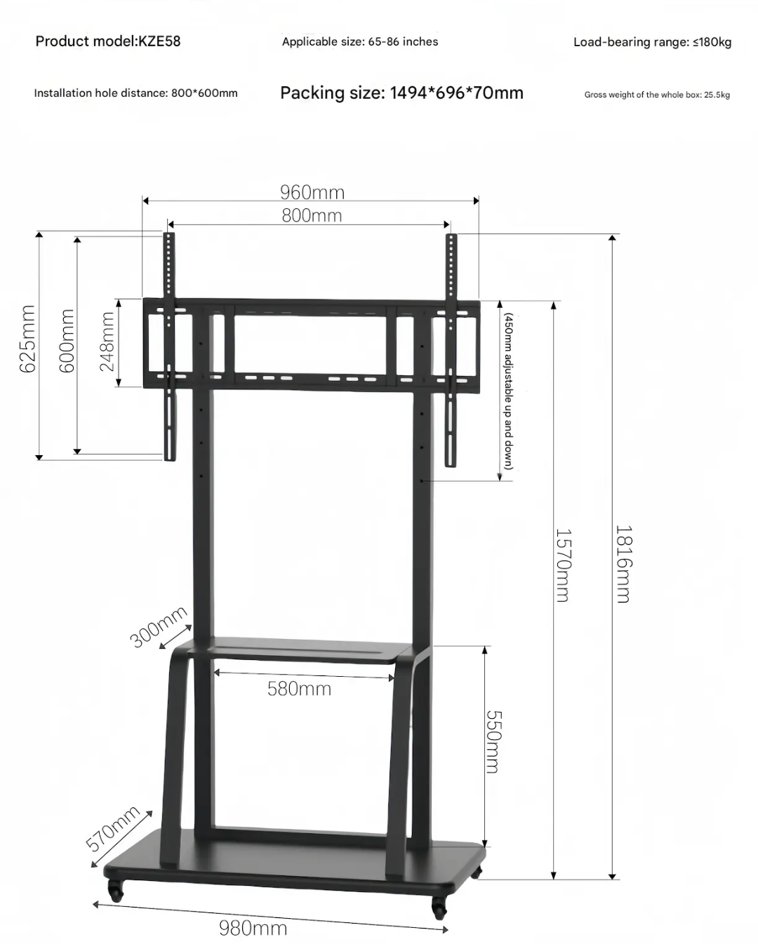 Heavy-Duty Mobile TV Stand Cart for 42" to 100" Screens – Rolling TV Mount with Wide Stability Base, Media Shelf & Camera Tray
