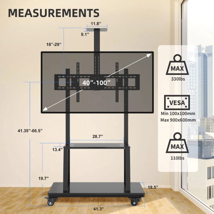 Heavy-Duty Mobile TV Stand Cart for 42" to 100" Screens – Rolling TV Mount with Wide Stability Base, Media Shelf & Camera Tray